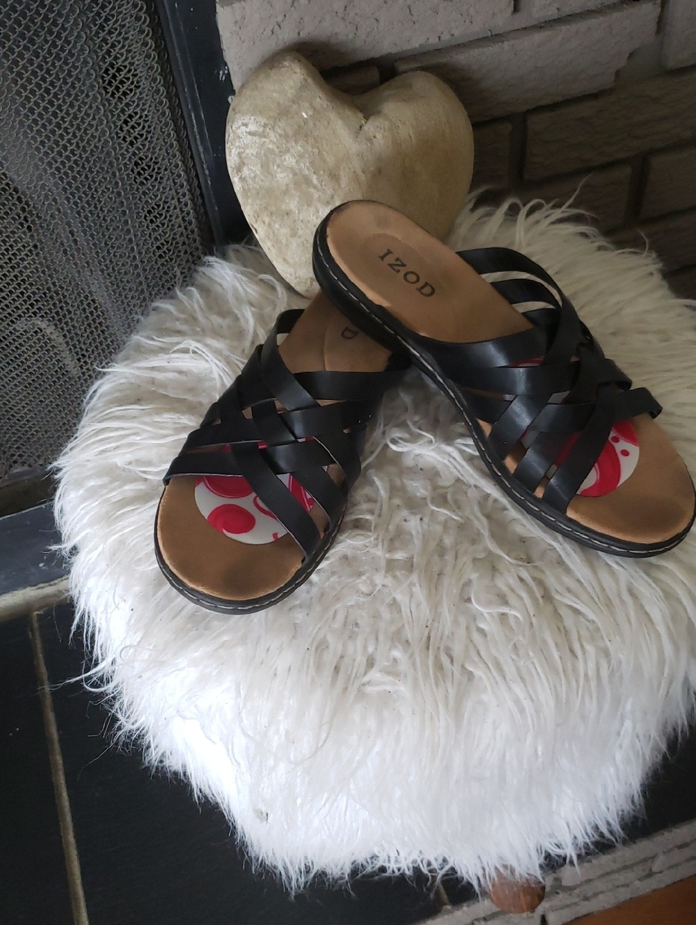 Izod Black Woven Slide Mules with Tan Footbed